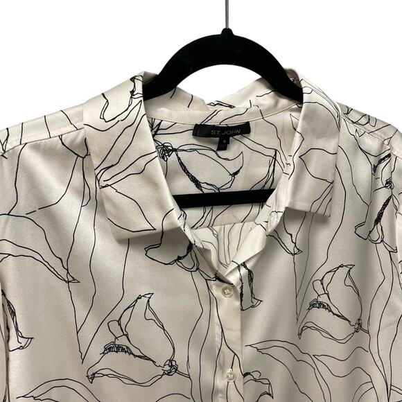 St. John Ivory Black Floral Print Silk Blend Long Sleeve Button Up Womens 18 - Picture 3 of 8